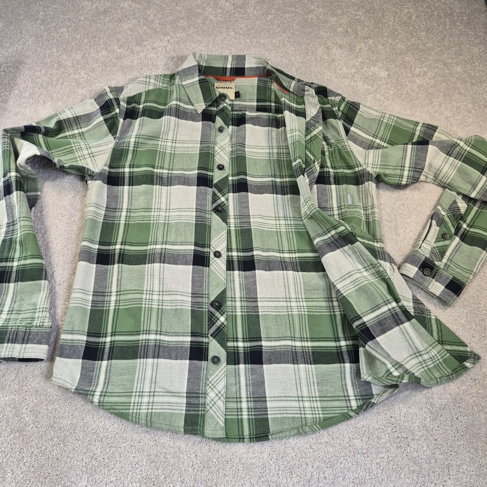 Simms Dockwear Flannel Shirt Men Small Moss Pearl Plaid Cotton Pleated Button Up